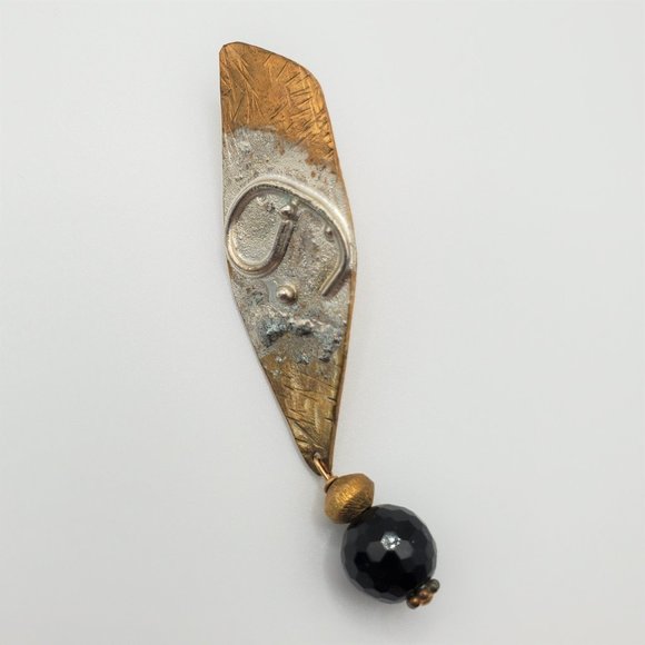 Hand-Crafted Artisan Earrings - Burnished Gold/Silver Tone - Black Dangle - Picture 4 of 8